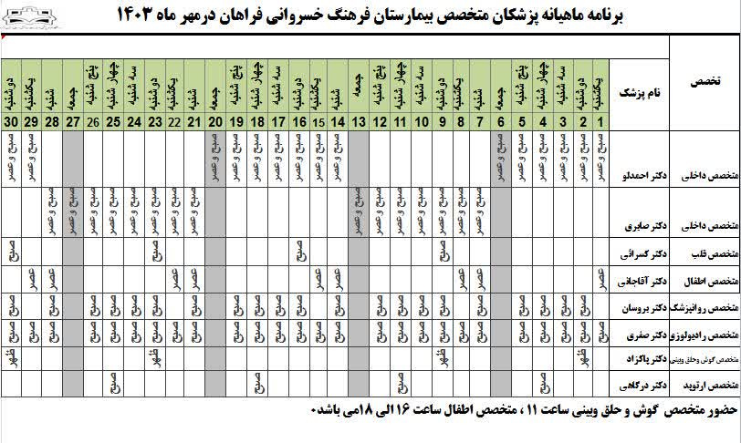 برنامه حضور متخصصین در درمانگاه بیمارستان  فرهنگ خسروانی در مهر ماه ۱۴۰۳