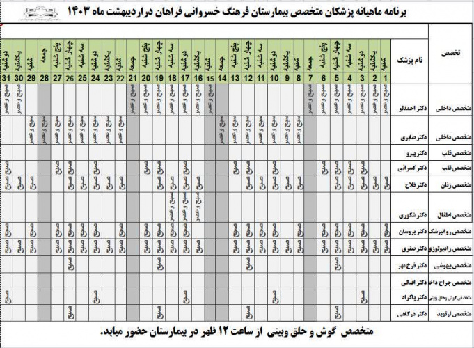 برنامه حضور متخصصین در بیمارستان  فرهنگ خسروانی در اردیبهشت ماه۱۴۰۳