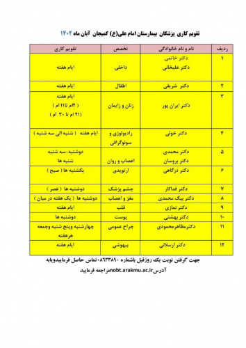 تقویم کاری پزشکان بیمارستان امام علی (ع) آبان ماه ۱۴۰۲