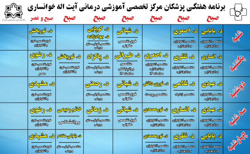 برنامه جدید حضور پزشکان در مرکز تخصصی آموزشی درمانی آیت اله خوانساری در زمستان ۱۴۰۴