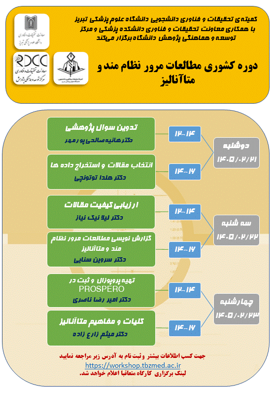 اطلاع رسانی برگزاری کارگاه کشوری «مطالعات مرور نظام مند و متا آنالیز» دانشگاه علوم پزشکی تبریز