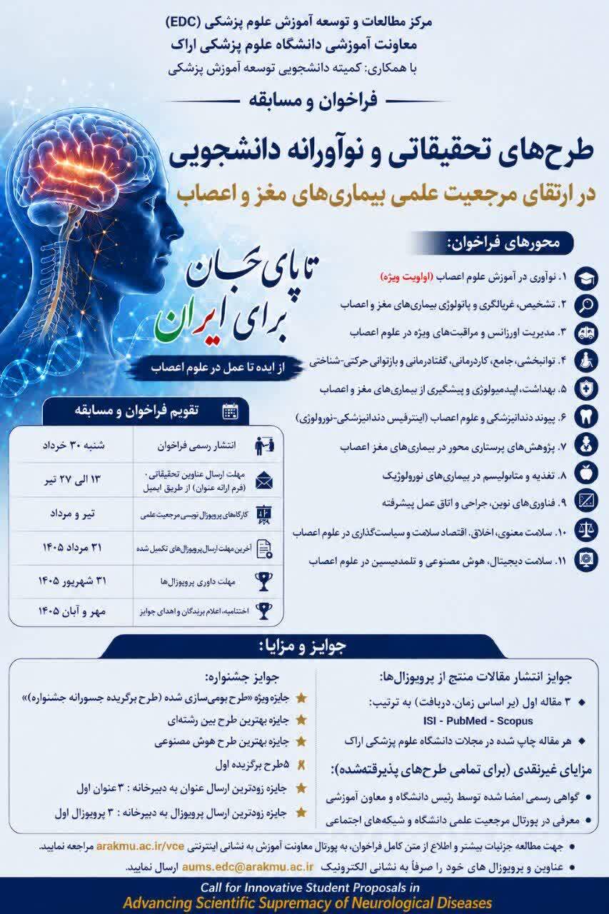 فراخوان طرح های نوآورانه دانشجویی در ارتقای مرجعیت علمی بیماری های مغز و اعصاب