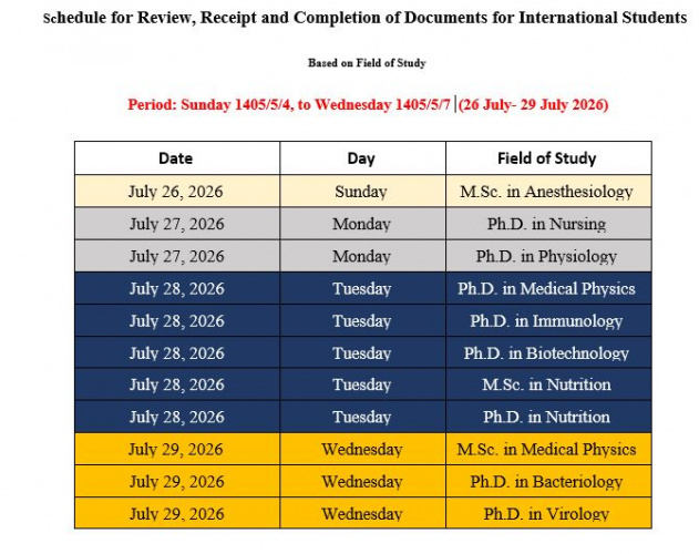-  Schedule for International Students (Mehr 1404 / September 2025 Admission) Regarding Document Review, Submission, and Completion of Deficiencie - Second Groups